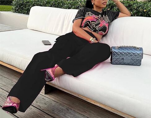 Satin Cargo Pants for Women High Waisted Multiple Pockets Wide Leg Trouser in Kuwait