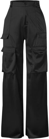 Satin Cargo Pants for Women High Waisted Multiple Pockets Wide Leg Trouser in Kuwait