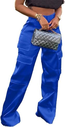 Satin Cargo Pants for Women High Waisted Multiple Pockets Wide Leg Trouser in Kuwait