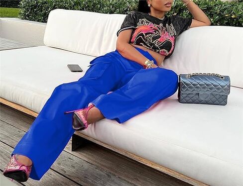 Satin Cargo Pants for Women High Waisted Multiple Pockets Wide Leg Trouser in Kuwait