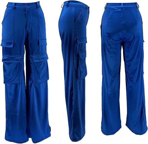 Satin Cargo Pants for Women High Waisted Multiple Pockets Wide Leg Trouser in Kuwait