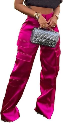 Satin Cargo Pants for Women High Waisted Multiple Pockets Wide Leg Trouser in Kuwait
