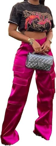 Satin Cargo Pants for Women High Waisted Multiple Pockets Wide Leg Trouser in Kuwait