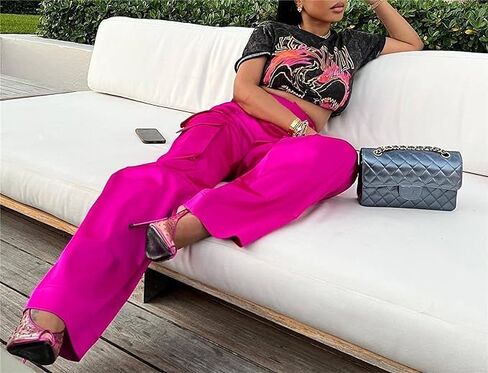 Satin Cargo Pants for Women High Waisted Multiple Pockets Wide Leg Trouser in Kuwait