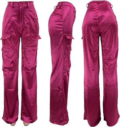 Satin Cargo Pants for Women High Waisted Multiple Pockets Wide Leg Trouser in Kuwait