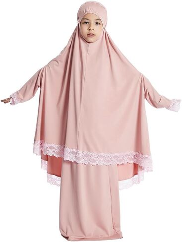 FYMNSI Muslim Clothes for Girl Kids Abaya Dress Full Cover Lace Hijab Dress Islamic Kaftan Khimar Skirt Set Prayer Dress 2PCS in Saudi Arabia