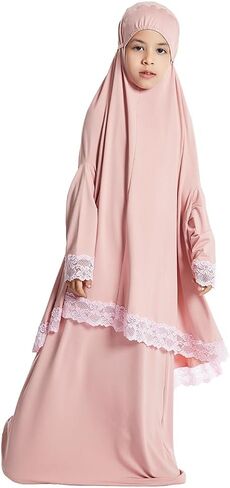 FYMNSI Muslim Clothes for Girl Kids Abaya Dress Full Cover Lace Hijab Dress Islamic Kaftan Khimar Skirt Set Prayer Dress 2PCS in Saudi Arabia