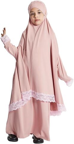 FYMNSI Muslim Clothes for Girl Kids Abaya Dress Full Cover Lace Hijab Dress Islamic Kaftan Khimar Skirt Set Prayer Dress 2PCS in Saudi Arabia