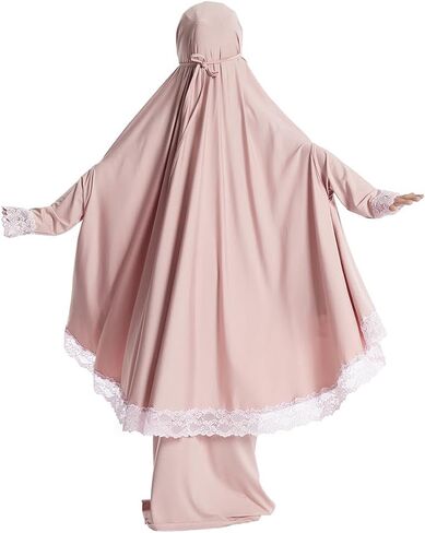 FYMNSI Muslim Clothes for Girl Kids Abaya Dress Full Cover Lace Hijab Dress Islamic Kaftan Khimar Skirt Set Prayer Dress 2PCS in Saudi Arabia
