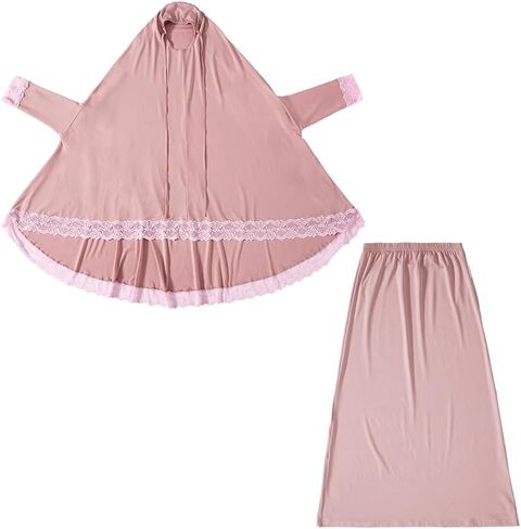 FYMNSI Muslim Clothes for Girl Kids Abaya Dress Full Cover Lace Hijab Dress Islamic Kaftan Khimar Skirt Set Prayer Dress 2PCS in Saudi Arabia