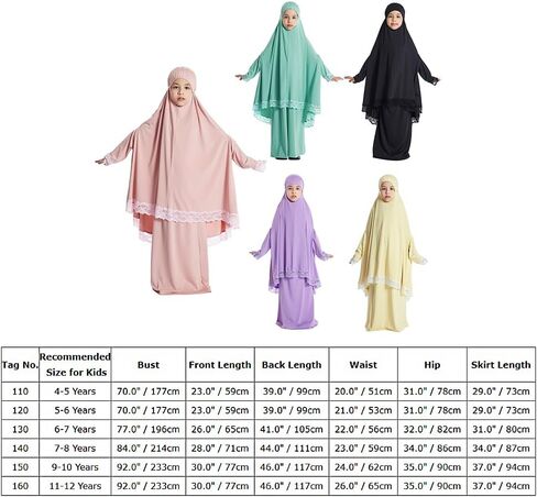FYMNSI Muslim Clothes for Girl Kids Abaya Dress Full Cover Lace Hijab Dress Islamic Kaftan Khimar Skirt Set Prayer Dress 2PCS in Saudi Arabia