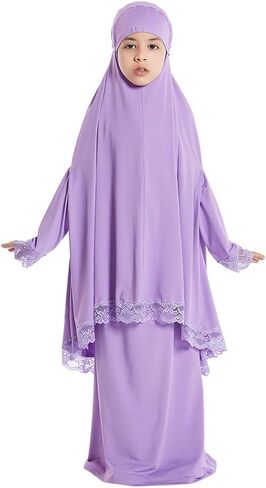 FYMNSI Muslim Clothes for Girl Kids Abaya Dress Full Cover Lace Hijab Dress Islamic Kaftan Khimar Skirt Set Prayer Dress 2PCS in Saudi Arabia