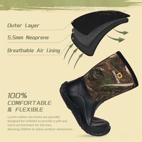 D DRYCODE Kids Rubber Rain Boots, Waterproof 5.5mm Insulated Neoprene, Anti-Slip Mud Rain Boot for Boys & Girls, Black, Size 1-13 in Kuwait
