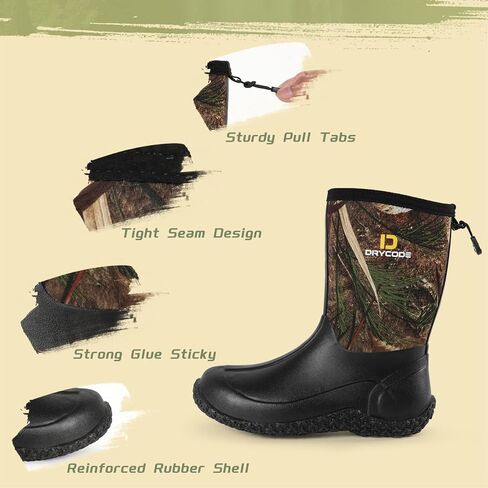 D DRYCODE Kids Rubber Rain Boots, Waterproof 5.5mm Insulated Neoprene, Anti-Slip Mud Rain Boot for Boys & Girls, Black, Size 1-13 in Kuwait