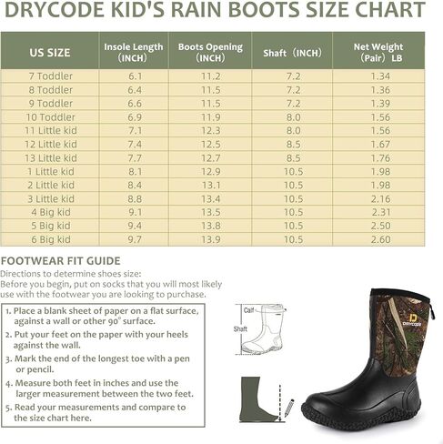 D DRYCODE Kids Rubber Rain Boots, Waterproof 5.5mm Insulated Neoprene, Anti-Slip Mud Rain Boot for Boys & Girls, Black, Size 1-13 in Kuwait