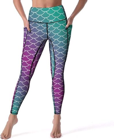 سروال يوجا نسائي عالي الخصر من Mermaid Scales مع جيوب، سروال رياضي ناعم قابل للتمدد للتمرين in Kuwait