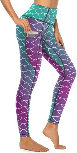 سروال يوجا نسائي عالي الخصر من Mermaid Scales مع جيوب، سروال رياضي ناعم قابل للتمدد للتمرين in Kuwait