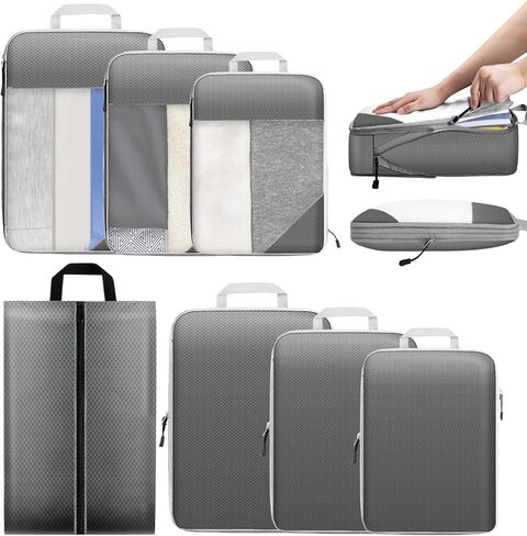 7 Set Compression Packing Cubes for Travel Suitcase Luggage Organizer Bags Set, Waterproof Grey 2 Style Packing Cube Kit Travel Essentials Accessories in Kuwait