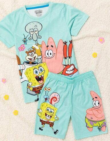 SpongeBob SquarePants Kids Pyjama Set | Boys & Girls Blue Short Sleeve T-Shirt & Shorts | Squidward Patrick Mr Krabs Gary PJs in Saudi Arabia