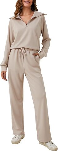 YKR Womens 2 Piece Sweatsuits Oversized Half Zip Pullover Sweatshirt with Wide Leg Sweatpants Lounge Sets Tracksuit Apricot S 1 in Saudi Arabia