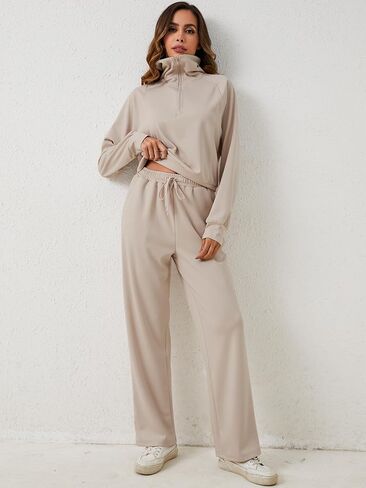 YKR Womens 2 Piece Sweatsuits Oversized Half Zip Pullover Sweatshirt with Wide Leg Sweatpants Lounge Sets Tracksuit Apricot S 1 in Saudi Arabia
