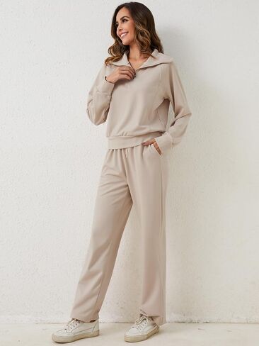 YKR Womens 2 Piece Sweatsuits Oversized Half Zip Pullover Sweatshirt with Wide Leg Sweatpants Lounge Sets Tracksuit Apricot S 1 in Saudi Arabia