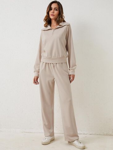 YKR Womens 2 Piece Sweatsuits Oversized Half Zip Pullover Sweatshirt with Wide Leg Sweatpants Lounge Sets Tracksuit Apricot S 1 in Saudi Arabia