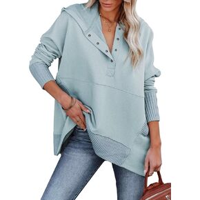 VICHYIE سترة نسائية كاجوال بغطاء للرأس وأكمام طويلة وفتحة إبهام وزر هينلي بلوفر وبلوزات كبيرة الحجم بقلنسوة in Kuwait