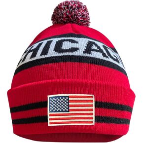 Dutern US Flag Chicago City Hockey Embroidery Classic Pom Cuff Chicago Beanie Hat Cuffed Winter Hat Knit Toque Skull Cap Red in Kuwait