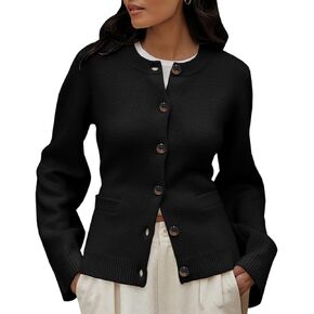 Langwyqu Womens Button Down Cardigan Sweaters Open Front Long Sleeve Slim Fit Sweater Coat Winter Solid Outwear with Pockets