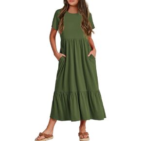 Batermoon Girls Short Sleeve Dress Casual A-Line Flowy Tiered Beach Maxi Dress with Pockcets