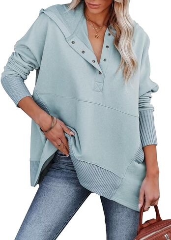 VICHYIE سترة نسائية كاجوال بغطاء للرأس وأكمام طويلة وفتحة إبهام وزر هينلي بلوفر وبلوزات كبيرة الحجم بقلنسوة in Kuwait