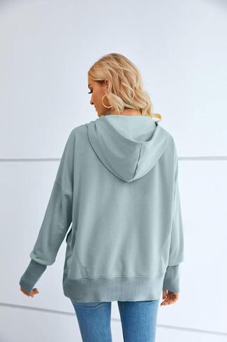 VICHYIE سترة نسائية كاجوال بغطاء للرأس وأكمام طويلة وفتحة إبهام وزر هينلي بلوفر وبلوزات كبيرة الحجم بقلنسوة in Kuwait