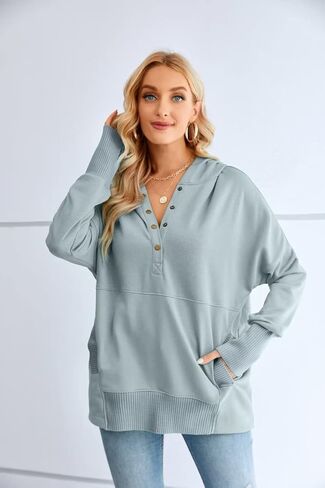 VICHYIE سترة نسائية كاجوال بغطاء للرأس وأكمام طويلة وفتحة إبهام وزر هينلي بلوفر وبلوزات كبيرة الحجم بقلنسوة in Kuwait