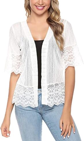 Women's Lace Patchwork Open Front Cardigan Lightweight Sheer Half Sleeve Bolero Shrug Jacket Summer Kimono Cover Up in Kuwait