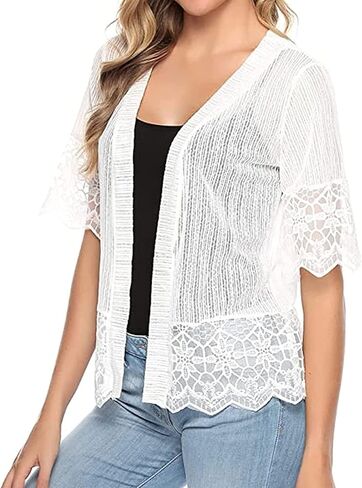 Women's Lace Patchwork Open Front Cardigan Lightweight Sheer Half Sleeve Bolero Shrug Jacket Summer Kimono Cover Up in Kuwait