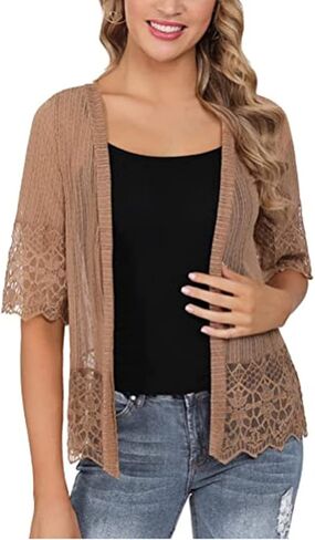 Women's Lace Patchwork Open Front Cardigan Lightweight Sheer Half Sleeve Bolero Shrug Jacket Summer Kimono Cover Up in Kuwait