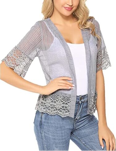 Women's Lace Patchwork Open Front Cardigan Lightweight Sheer Half Sleeve Bolero Shrug Jacket Summer Kimono Cover Up in Kuwait
