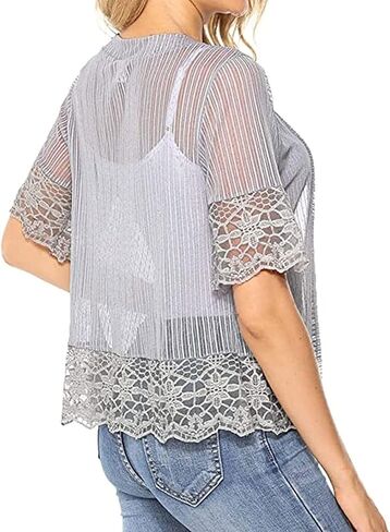 Women's Lace Patchwork Open Front Cardigan Lightweight Sheer Half Sleeve Bolero Shrug Jacket Summer Kimono Cover Up in Kuwait