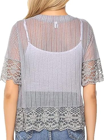 Women's Lace Patchwork Open Front Cardigan Lightweight Sheer Half Sleeve Bolero Shrug Jacket Summer Kimono Cover Up in Kuwait