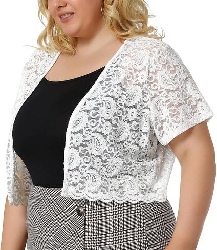 Agnes Orinda Plus Size Bolero Shrug for Women Short Sleeve Crochet Lace Open Front Cropped Cardigan in Saudi Arabia