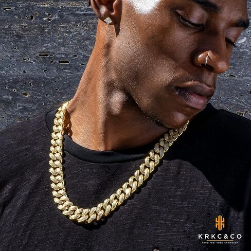 KRKC&CO 12mm/18mm/15mm/20mm Iced Cuban Link Chain for Men, 14k Gold Cuban Chain Necklace, Cuban Choker, Hip Hop Jewelry, Prong-Setting 5A CZ Stones, Durable Anti-Tarnish Urban Street-wear in Saudi Arabia