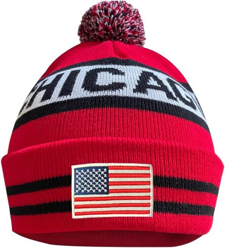 Dutern US Flag Chicago City Hockey Embroidery Classic Pom Cuff Chicago Beanie Hat Cuffed Winter Hat Knit Toque Skull Cap Red in Kuwait