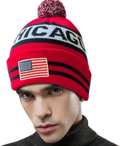 Dutern US Flag Chicago City Hockey Embroidery Classic Pom Cuff Chicago Beanie Hat Cuffed Winter Hat Knit Toque Skull Cap Red in Kuwait