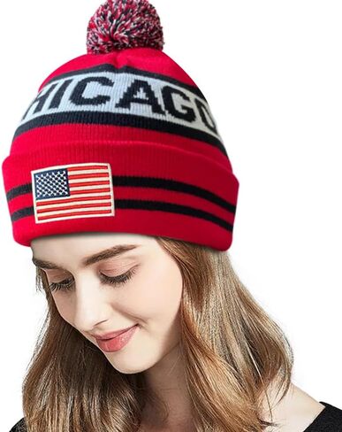 Dutern US Flag Chicago City Hockey Embroidery Classic Pom Cuff Chicago Beanie Hat Cuffed Winter Hat Knit Toque Skull Cap Red in Kuwait