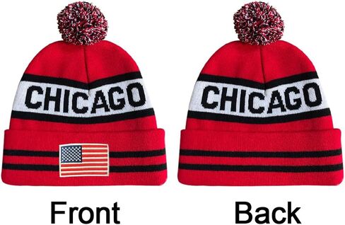 Dutern US Flag Chicago City Hockey Embroidery Classic Pom Cuff Chicago Beanie Hat Cuffed Winter Hat Knit Toque Skull Cap Red in Kuwait