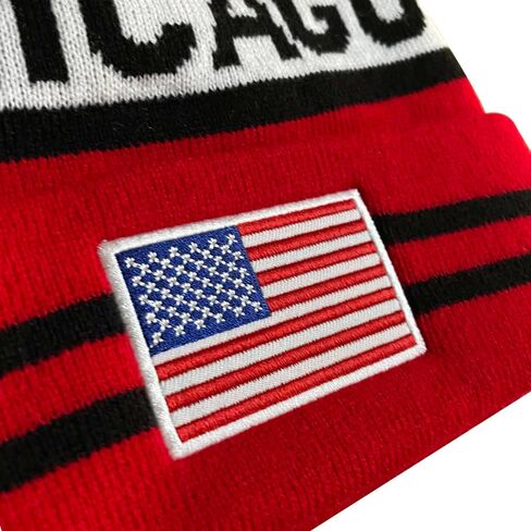 Dutern US Flag Chicago City Hockey Embroidery Classic Pom Cuff Chicago Beanie Hat Cuffed Winter Hat Knit Toque Skull Cap Red in Kuwait