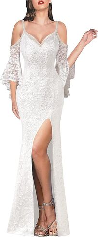 VFSHOW Women Floral Lace Beaded V Neck Bell Sleeve Prom Formal Maxi Dress 2023 Sexy Cold Shoulder High Slit Long Evening Gown in Saudi Arabia