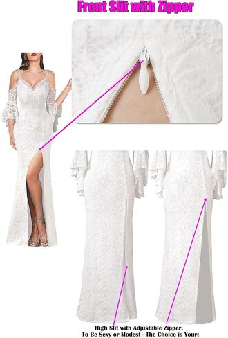 VFSHOW Women Floral Lace Beaded V Neck Bell Sleeve Prom Formal Maxi Dress 2023 Sexy Cold Shoulder High Slit Long Evening Gown in Saudi Arabia