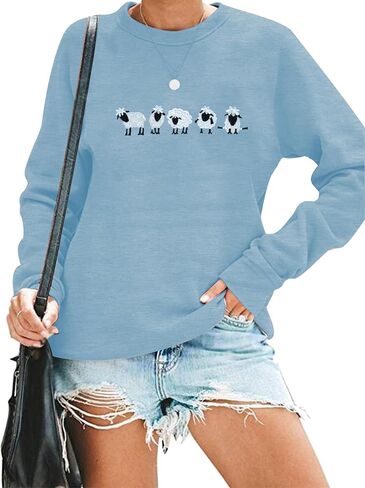 LUKYCILD Embroidered Sheep Sweatshirt for Women Cute Farm Shirts Funny Animal Sweater Fall Casual Long Sleeve Tops in Saudi Arabia